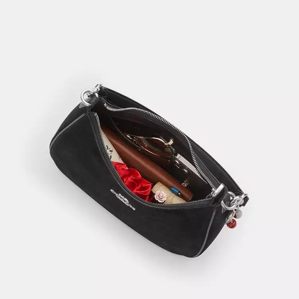 New! ☪️Coach Black Suede Teri Hobo Shoulder Bag With Red Cherry 🍒 Charm - Picture 4 of 12